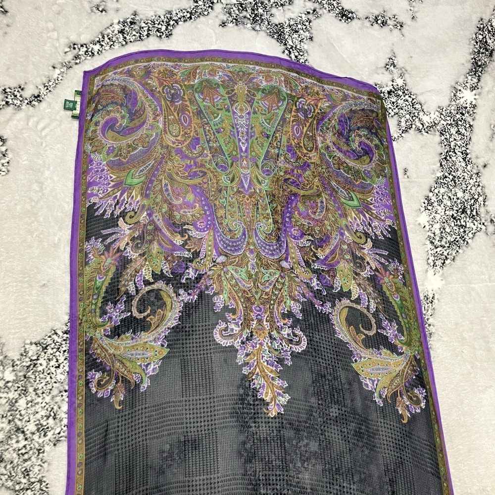 Lauren Ralph Lauren Paisley Scarf Purple Black Silk Blend Oblong Wrap - Picture 5 of 11